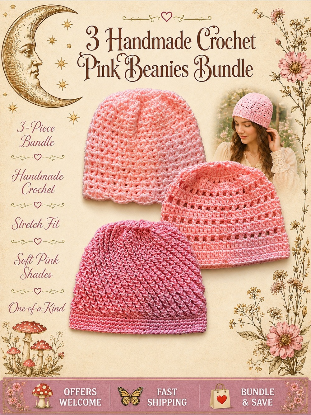 3 Handmade Crochet Pink Beanies Bundle Adult Small Teen Boho Cottagecore Hats